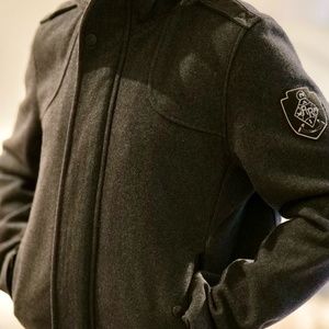 Men's American Rag Wool Hooded Grey Pea Coat Plaid Jersey Lined